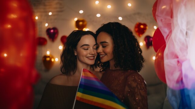 A vibrant and inclusive depiction of a Valentine celebration featuring an LGBTQ+ couple holding a pride flag together, the scene set in a romantic