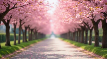 pathway lined with blooming cherry blossom trees
