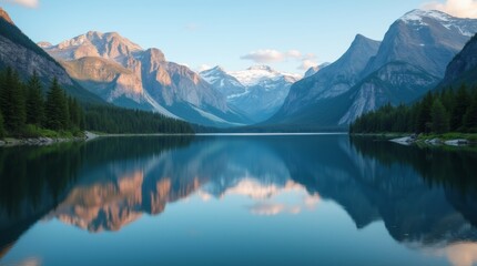 Fototapeta premium Serene lake reflecting the surrounding mountains and trees