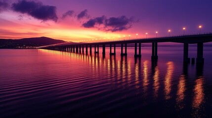 Fototapeta premium Serene Bridge at Sunset: A Vibrant Landscape Photography