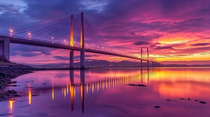 Obraz premium Majestic Cable-Stay Bridge at Sunset: Vibrant Hues and Serene Waters