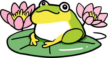 Cute Green Frog Sitting on Lily Pad with Pink Water Lilies in the Background