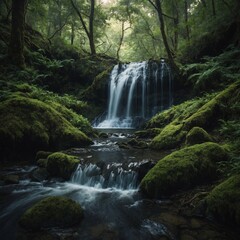 Fototapeta premium A hidden waterfall deep in a forest clearing.