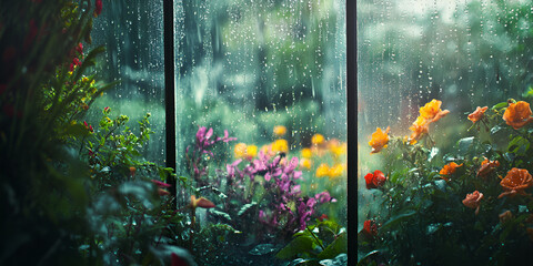 Rain on a Window with Flowers, Rainy Day Window View"
"Flowers and Raindrops"
"Rain on Glass and Flowers"
"Rain-Soaked Window Scene"
"Peaceful Rainy Moment"
"Rain and Nature Harmony