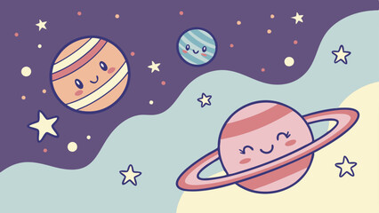 Cute Cartoon Planets in Space Background