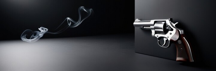 Silver revolver pistol with smoke on a dark background. Copy space for text banner