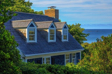 A Cape Cod house with dormer windows, sloped roof, and a peaceful coastal backdrop