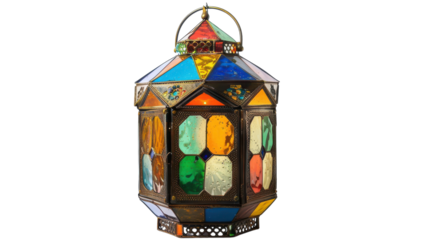 Colorful decorative lantern with intricate glass panels displayed against a simple background on transparent background