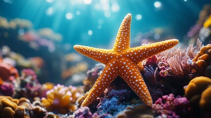 A colorful underwater photograph capturing an orange starfish atop a coral reef alive with various sea creatures.
