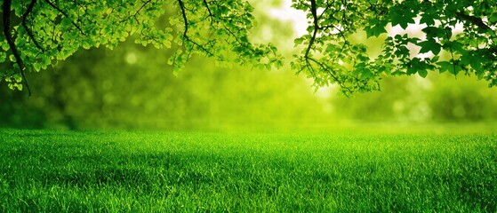 Obraz premium Lush green grass meadow background invites relaxation, a perfect setting for a peaceful retreat. Generative AI
