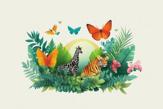 World wildlife day, Diversity of Wild animals and Natural botanical, Environment conservation, National park, Sustainable of Ecology concept, Think green nature, Save the planet and Eco friendly. 