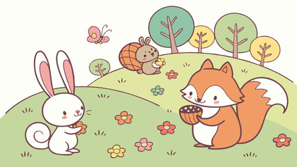 Cute forest animals sharing a springtime meadow