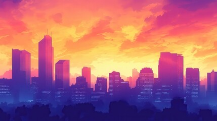 Fototapeta premium cityscape at sunset, with towering skyscrapers silhouetted against a vibrant sky filled with warm orange and pink colors, marking the end of another bustling day.