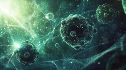 Microscopic view of bacteria floating in a digital abstract environment with glowing particles. Generative AI