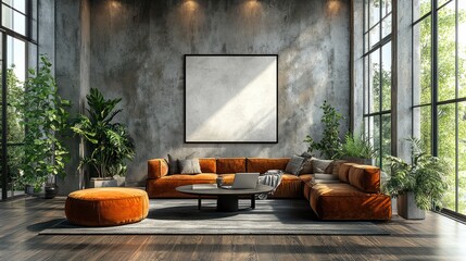 Modern Loft Apartment Interior Design with Orange Sofa and Large Windows