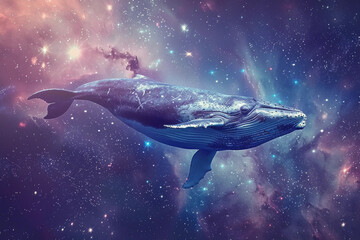 Fototapeta premium Fantastically beautiful majestic huge whale in deep blue ocean, abstract vivid composition consists of fictional unreal fantastic vision on background