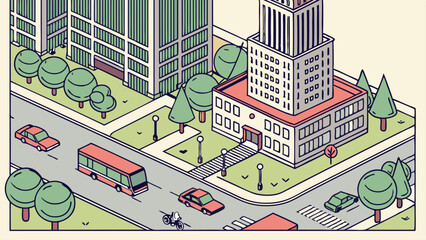 Isometric Cityscape Illustration with Office Building and Traffic