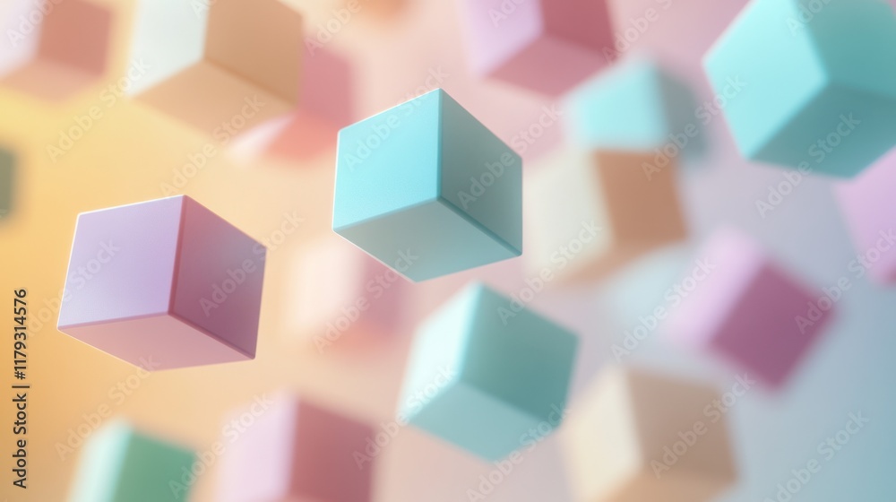 Poster colorful floating cubes create a dynamic abstract background with pastel tones in soft lighting. gen