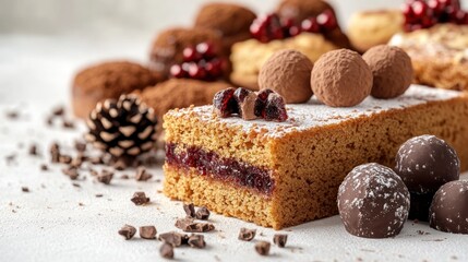 Sliced cake with berry filling surrounded by assorted chocolates and baked goods on a neutral background. Generative AI