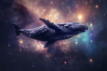 Fototapeta premium Fantastically beautiful majestic huge whale in deep blue ocean, abstract vivid composition consists of fictional unreal fantastic vision on background