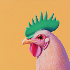 Colorful rooster with green feather on head against yellow background