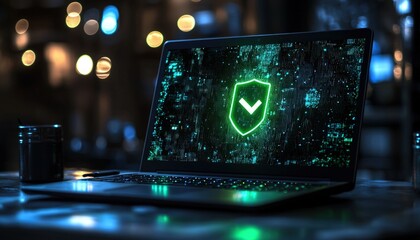 Modern laptop display with a glowing green safety icon.