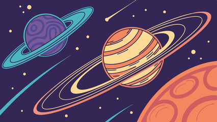 Colorful Cartoon Planets with Rings in Outer Space