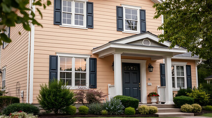 Two-story peach-colored house with dark shutters, white columns on a covered porch, and landscaping.  The house features multiple windows and a dark-colored front door.