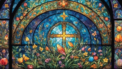Stained glass artwork featuring a cross surrounded by vibrant flowers and foliage, symbolizing spring and renewal, with copy space