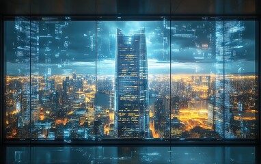 Night city view through futuristic window with data overlay.
