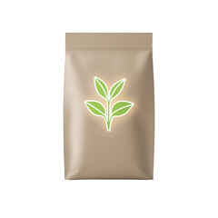Stylish packaging design featuring a green leaf logo on a simple bag., isolated on a transparent background.