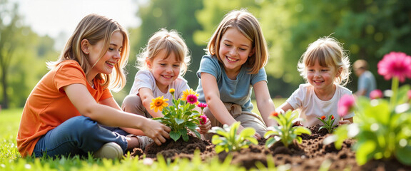 Fototapeta premium Happy kids planting flowers in schoolyard garden, joy of giving
