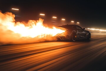 Fototapeta premium High-speed car racing at night with fiery exhaust and blurred lights in the background. Generative AI