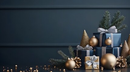 Christmas scene features golden baubles and gift boxes with silver ribbons against navy blue background, complemented by metallic ornaments and scattered gold stars.
