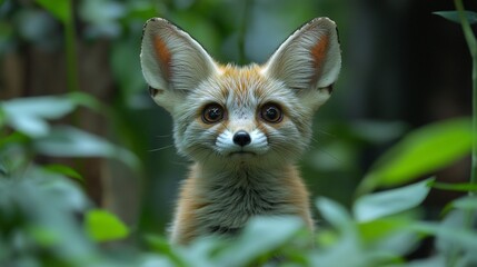 Obraz premium This close-up captures the fennec fox in all its glory, emphasizing its large ears and alert demeanor within a richly detailed natural environment.