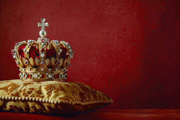 Fantastic beautiful king or queen crown from vivid gold material for coronation, abstract vivid composition consists of fictional unreal fantastic vision on background