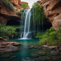 Naklejka premium A serene waterfall in a green oasis, discovered in the middle of an arid desert.