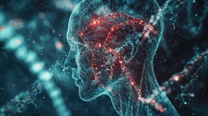 Visualization of neural connections and DNA structure in a human head. Generative AI