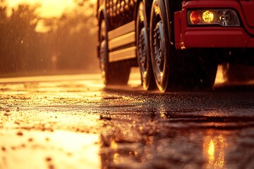 Truck driving on wet road during sunset rain