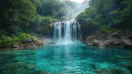 Naklejka premium Serene Waterfall Oasis: A Lush Tropical Paradise