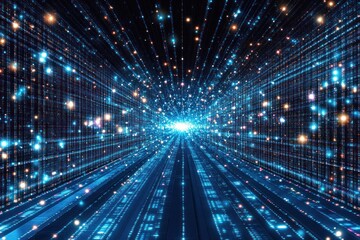 Obraz premium Abstract digital tunnel with glowing particles and lines.