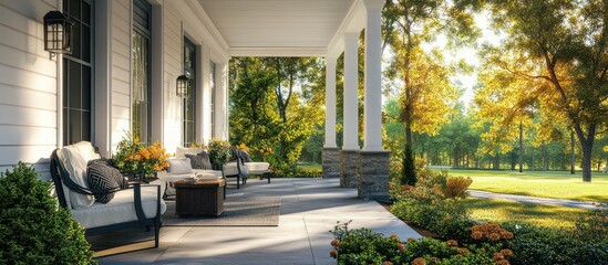 Obraz premium Sunny autumn day on a spacious front porch with comfortable seating, overlooking a lush green lawn and vibrant fall foliage.