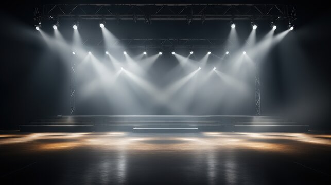 Empty concert stage with bright spotlights illuminating a dark venue, perfect for music events and performances, showcasing a dramatic atmosphere