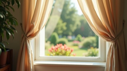 open window with curtains fluttering in the wind, revealing a picturesque view of a garden outside