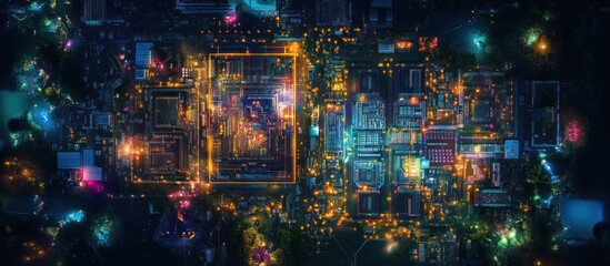 Fototapeta premium Futuristic city at night, aerial view, vibrant colors, glowing buildings, complex network.