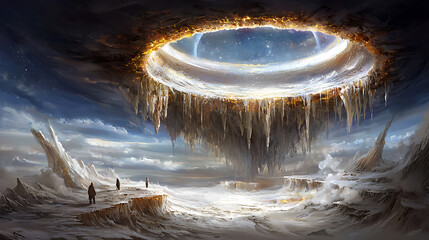 surreal landscape featuring massive glowing ring above frozen terrain, evoking sense of wonder and mystery