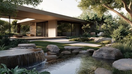 Modern house with tranquil garden, water feature, and lush landscaping.