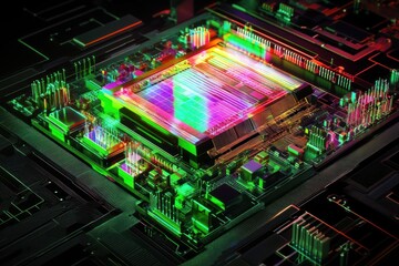Fototapeta premium Close-up of a vibrant, illuminated computer processor on a circuit board.