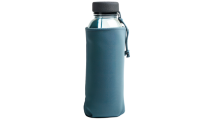 Stylish reusable water bottle in a blue sleeve resting on a clean surface, perfect for eco-friendly hydration on the go on transparent background
