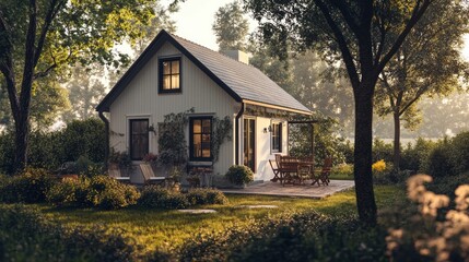 Charming cottage nestled in a lush garden, bathed in morning sunlight. A woman in white stands on the patio.